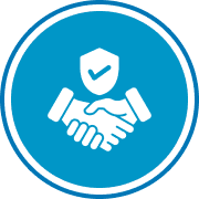 Handshake with shield icon in blue circle.