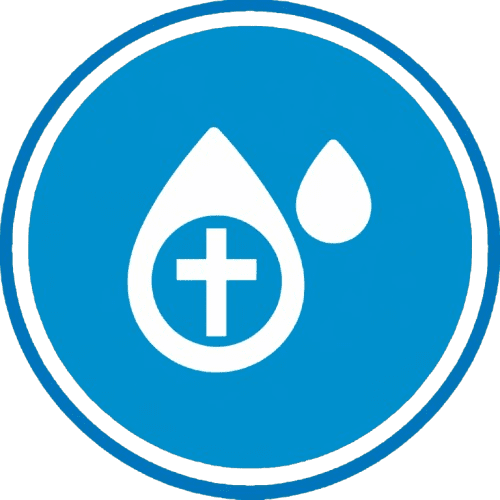 Blue circular logo with water drops and a cross symbol.